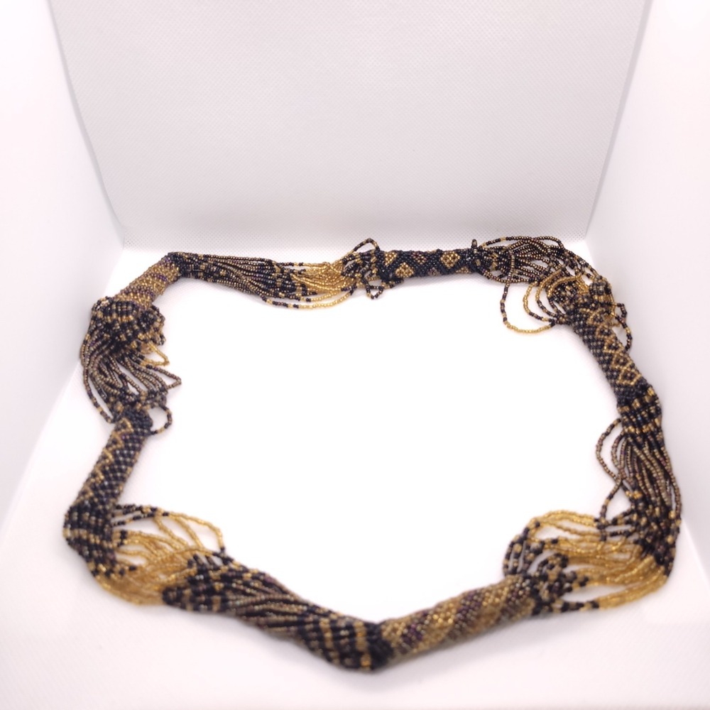 African Seed Bead Necklace Black Gold Multi Strand Tribal Statement Handmade